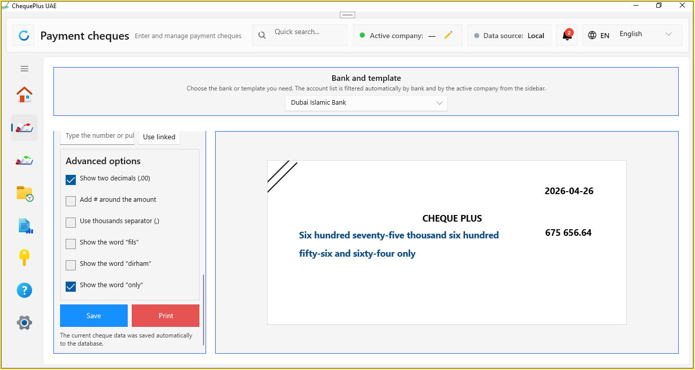 Cheque Plus Saudi software interface showing cheque editor and preview