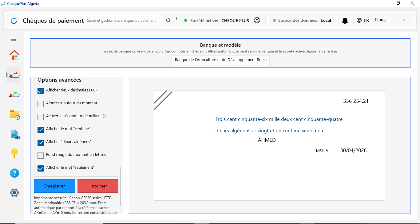 واجهة برنامج Cheque Plus Algeria لمعاينة وطباعة الشيكات