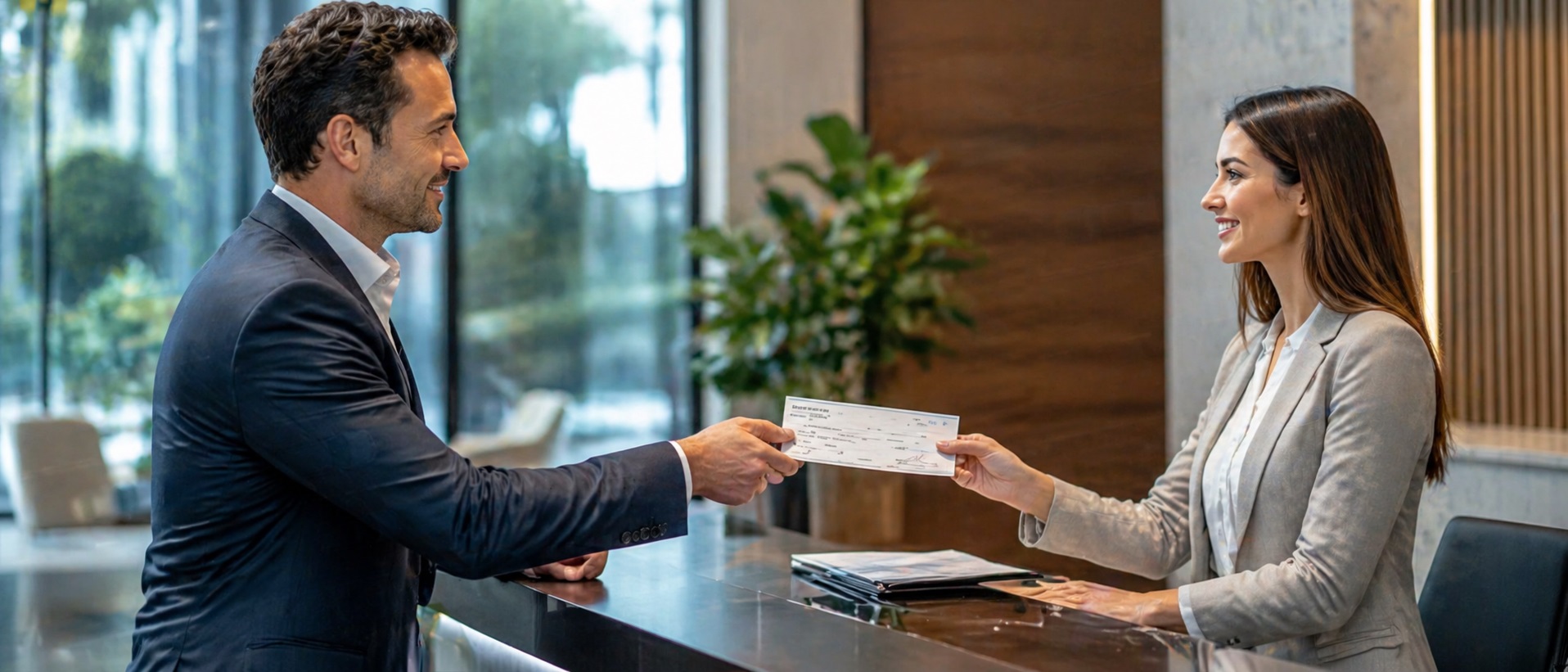 Business customer handing over a printed cheque in a professional office